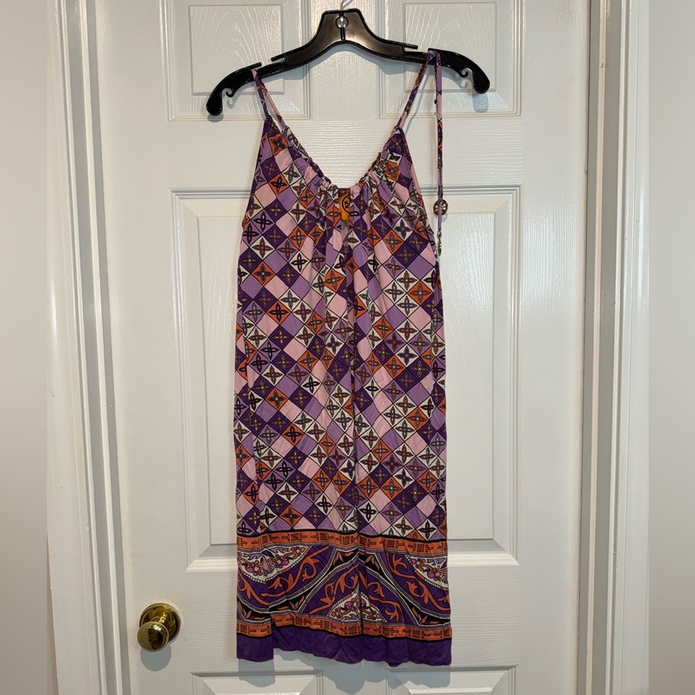 Tory Burch Purple and Pink Patterned Midi Dress. 100% Silk. Size S